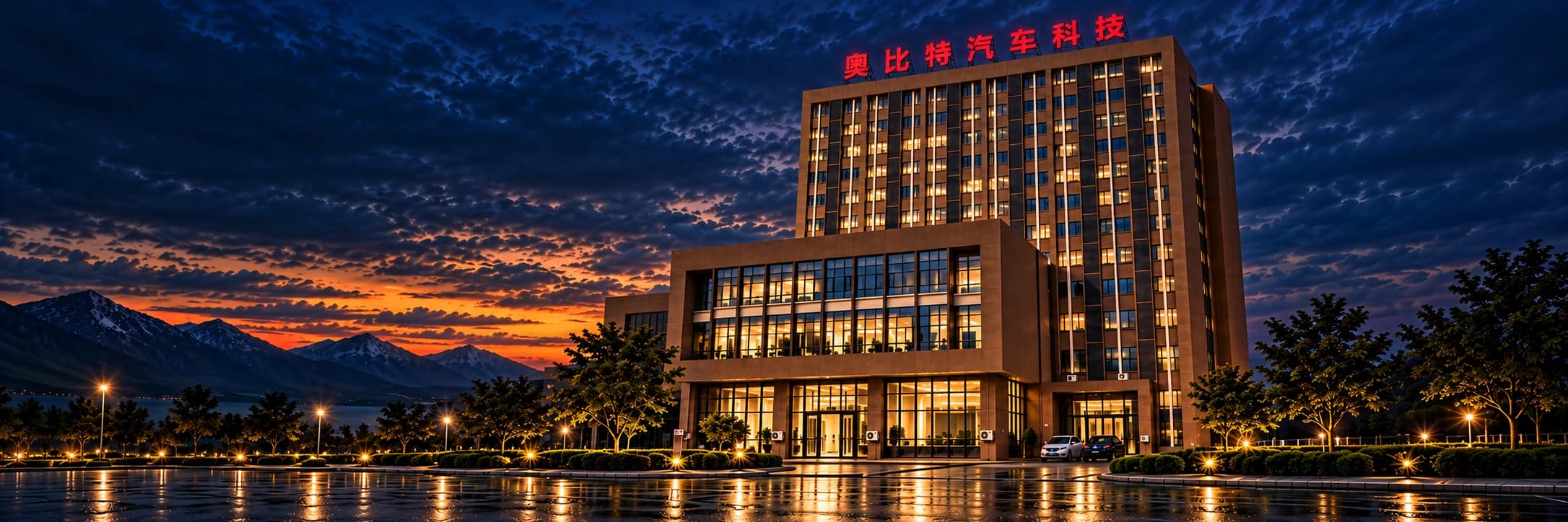 Aobite building at dusk — brand atmosphere visualization based on the real building